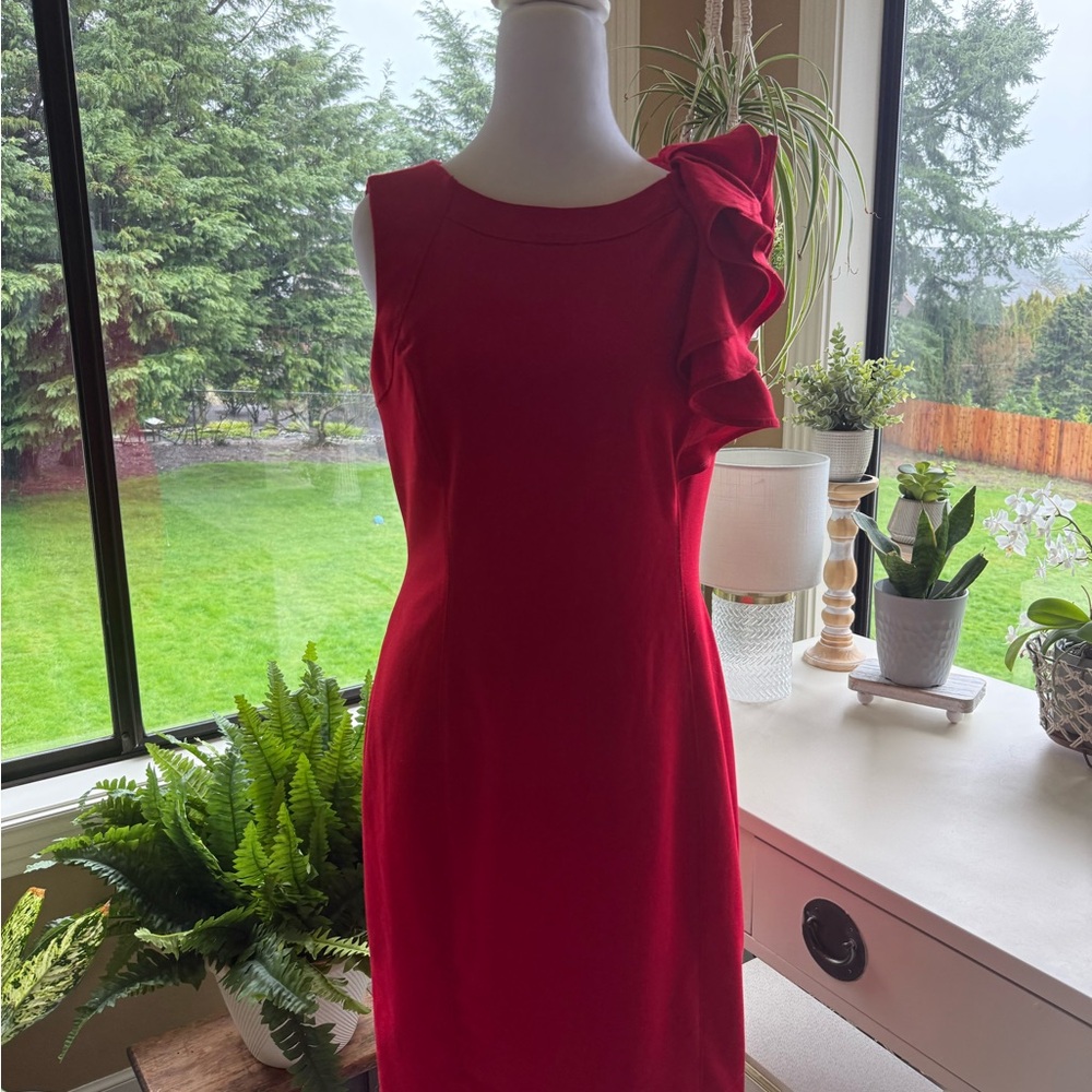 Calvin Klein Red One-Shoulder Ruffle Sheath Dress